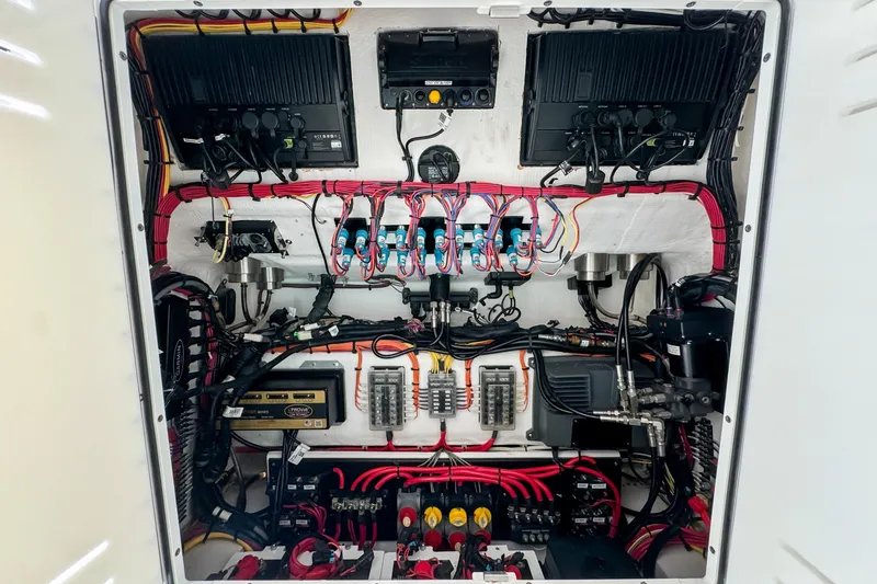 Slide: The Image of Electrical system of 2023 Front Runner 36 Center Console boat, showcasing wiring and components. - 17