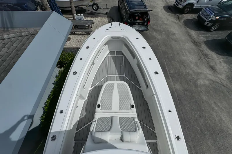 Slide: The Image of 2023 Front Runner 36 Center Console boat, aerial view of bow seating and deck. - 8