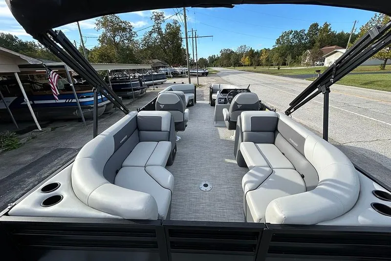 Slide: The Image of 2025 Viaggio Lago V-U pontoon boat with spacious seating and modern design. - 11