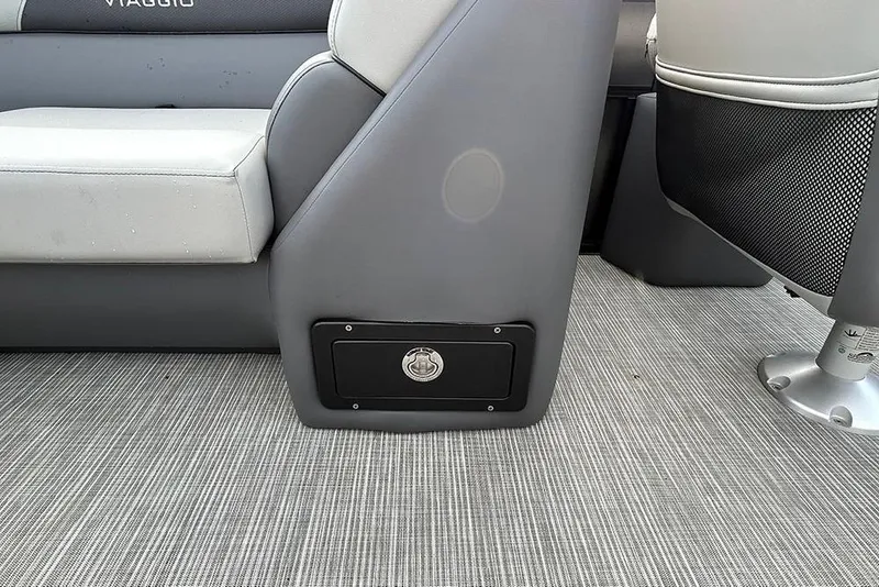Slide: The Image of Interior of 2025 Viaggio Lago V-U boat, featuring sleek seating and storage compartment. - 15