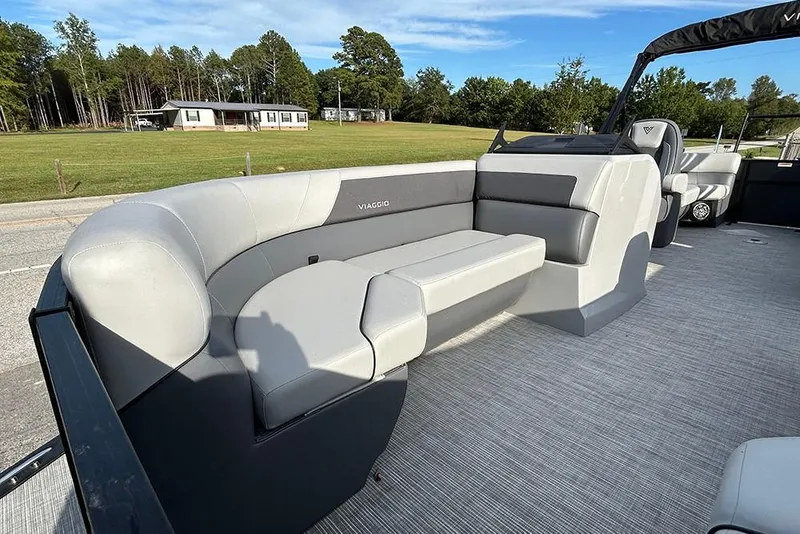 Slide: The Image of 2025 Viaggio Lago V-U boat interior with modern seating and sleek design. - 19
