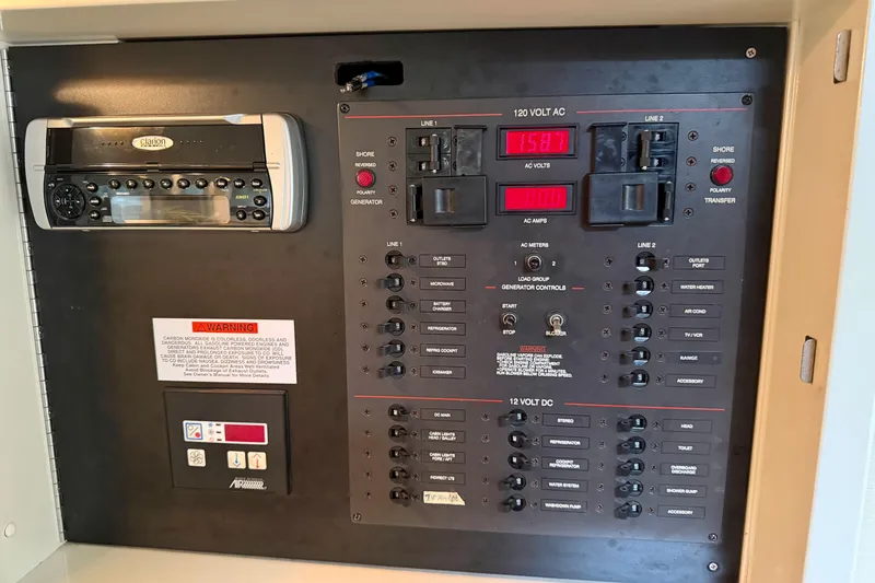 Slide: The Image of Electrical control panel of a 1999 Wellcraft 45 Excalibur boat, featuring various switches and meters. - 42