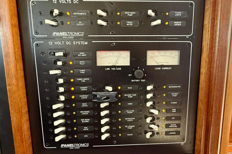 Slide: The Image of 1999 Legacy 40 electrical panel with switches and gauges for 12-volt DC system. - 33