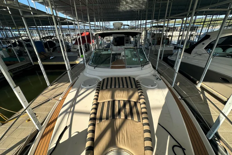 Slide: The Image of 2006 Four Winns 378 Vista boat docked, featuring "Sunshine Daydream" signage, St. Louis, MO. - 12