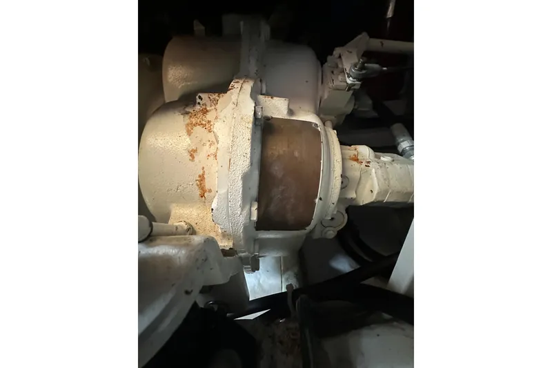 Slide: The Image of Engine component of a 1987 Albin North Sea Trawler, showing rust and wear. - 36