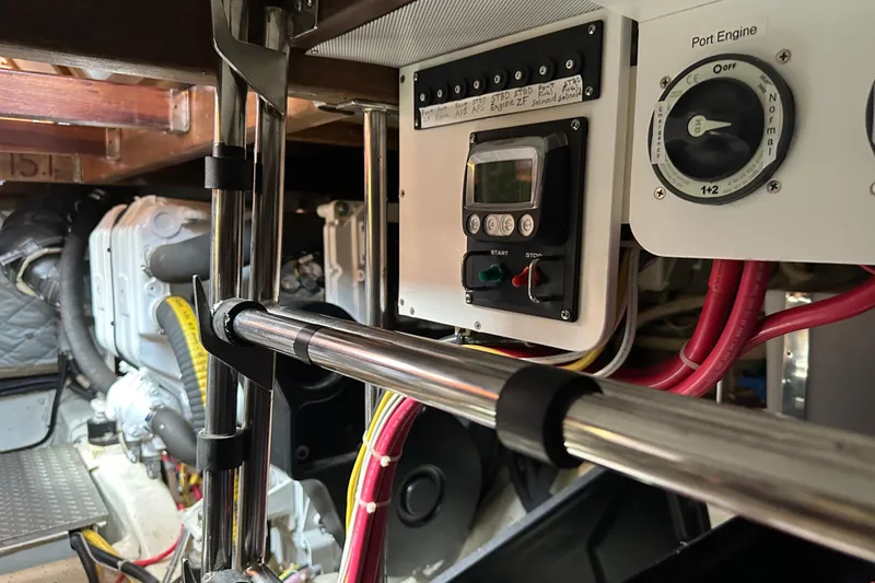 Slide: The Image of Engine room of 1987 Albin North Sea Trawler with control panel and wiring. - 44