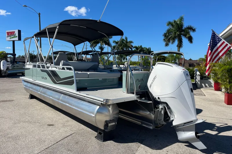 Slide: The Image of 2026 Avalon 2585 Venture 85 VRB Tri Toon boat with high-performance Mercury engine. - 7