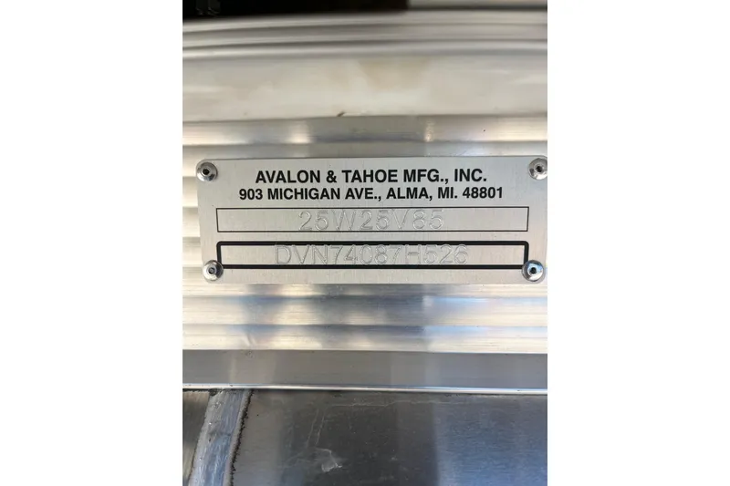 Slide: The Image of Metal identification plate for Avalon 2585 Venture 85 boat, manufactured by Avalon & Tahoe MFG, Inc. - 24