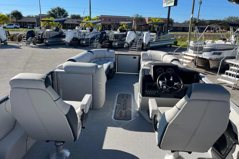 Slide: The Image of Interior of 2026 Avalon 2585 Catalina VRB pontoon boat with modern seating and controls. - 11