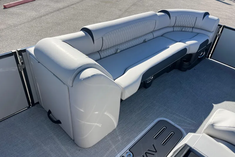 Slide: The Image of Luxurious seating on 2026 Avalon 2585 Catalina VRB Tri Toon boat, featuring premium upholstery. - 16