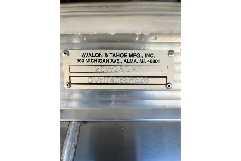 Slide: The Image of 2026 Avalon 2585 Catalina VRB boat identification plate, Avalon & Tahoe MFG, Inc. - 23