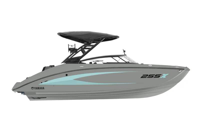 The Image of 2026 Yamaha Boats 255XD, sleek design, side view, gray and blue accents, modern features. - 1