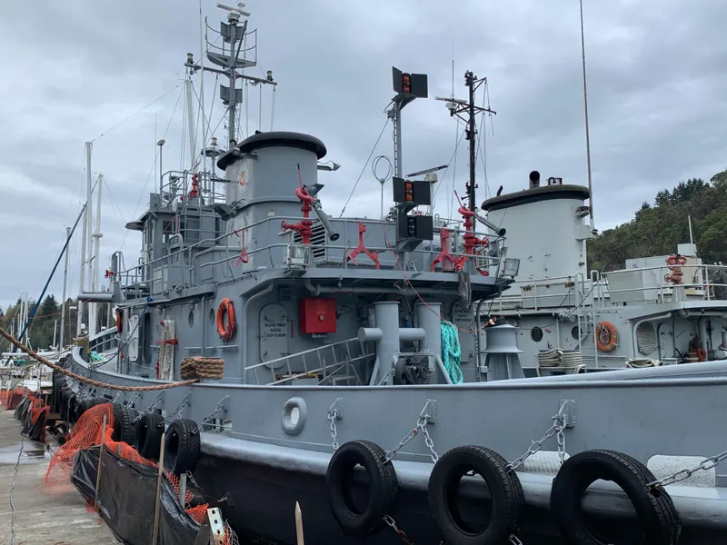 The Image of 1955 L-T 100 Steel Army Tugboat docked, showcasing its robust design and maritime equipment. - 0