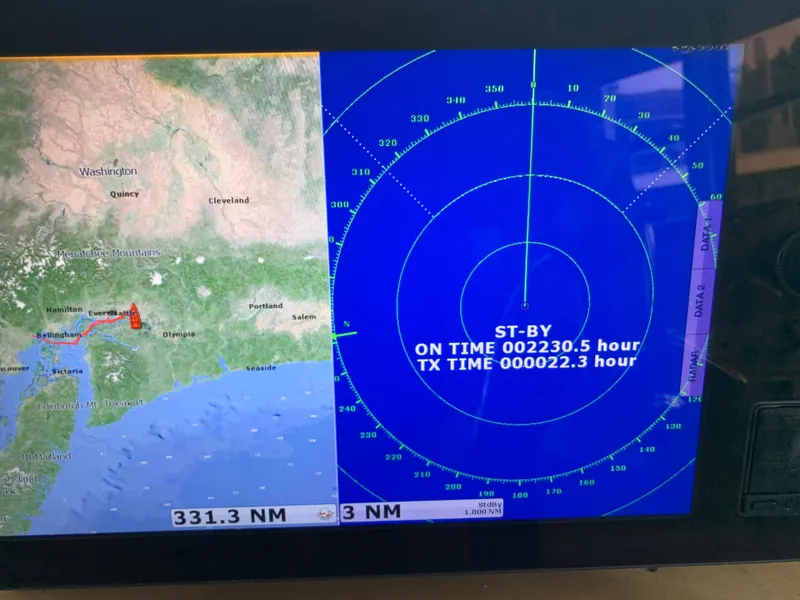 Slide: The Image of Navigation screen on a 1955 Tugboat L-T 100 Steel Army Tug, showing radar and map. - 19
