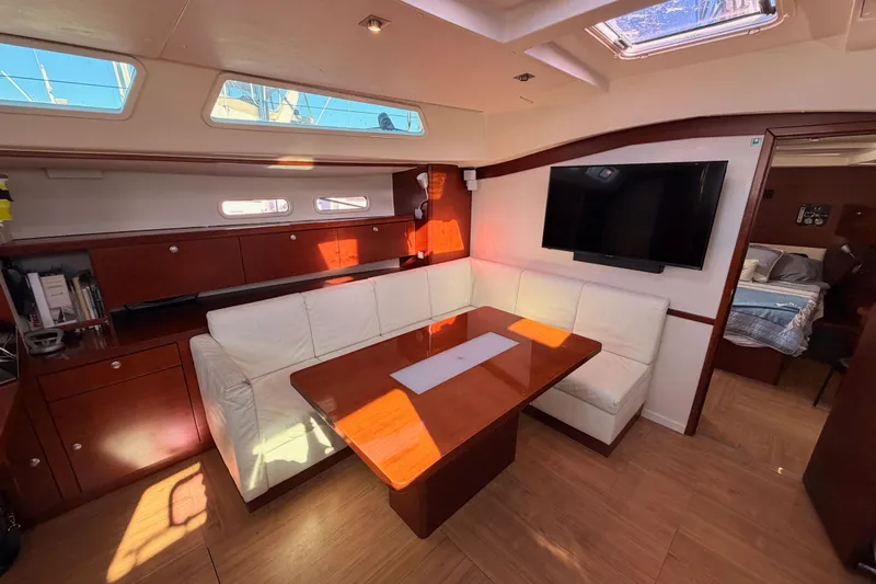 Slide: The Image of Luxurious 2008 Hanse 540e yacht interior with elegant dining area and modern amenities. - 75