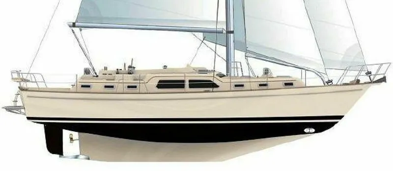 Slide: The Image of 2009 Island Packet 465 sailboat anchored on calm water, featuring a sleek design and blue accents. - 18