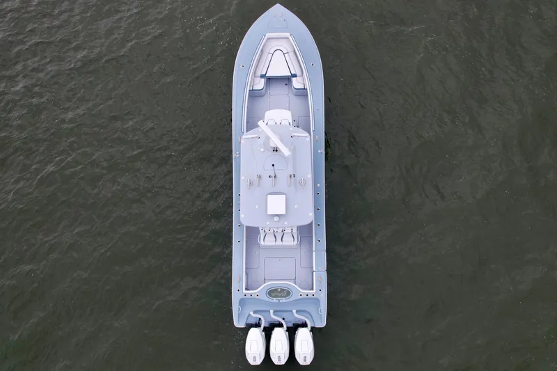 Slide: The Image of Aerial view of 2025 Yellowfin 36 Offshore boat on water. - 6