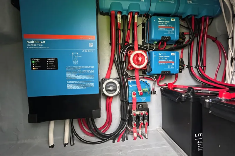 Slide: The Image of Electrical system setup in a 2001 Zeta 32 Power Cat, featuring MultiPlus-II inverter and batteries. - 9