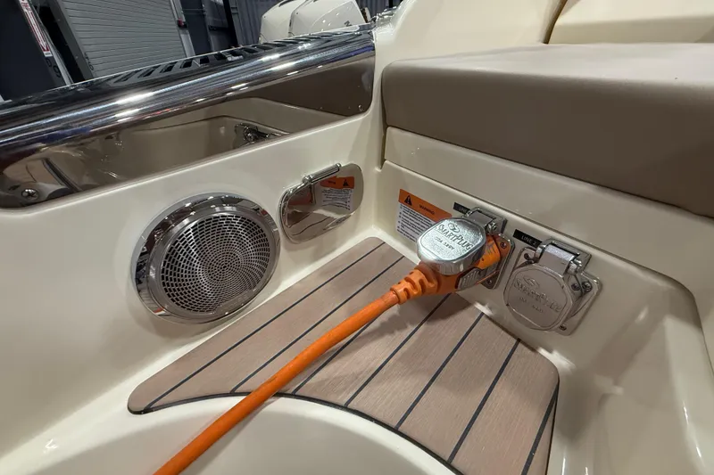 Slide: The Image of 2026 Chris-Craft Launch 35 GT boat with power connection and speaker detail. - 7