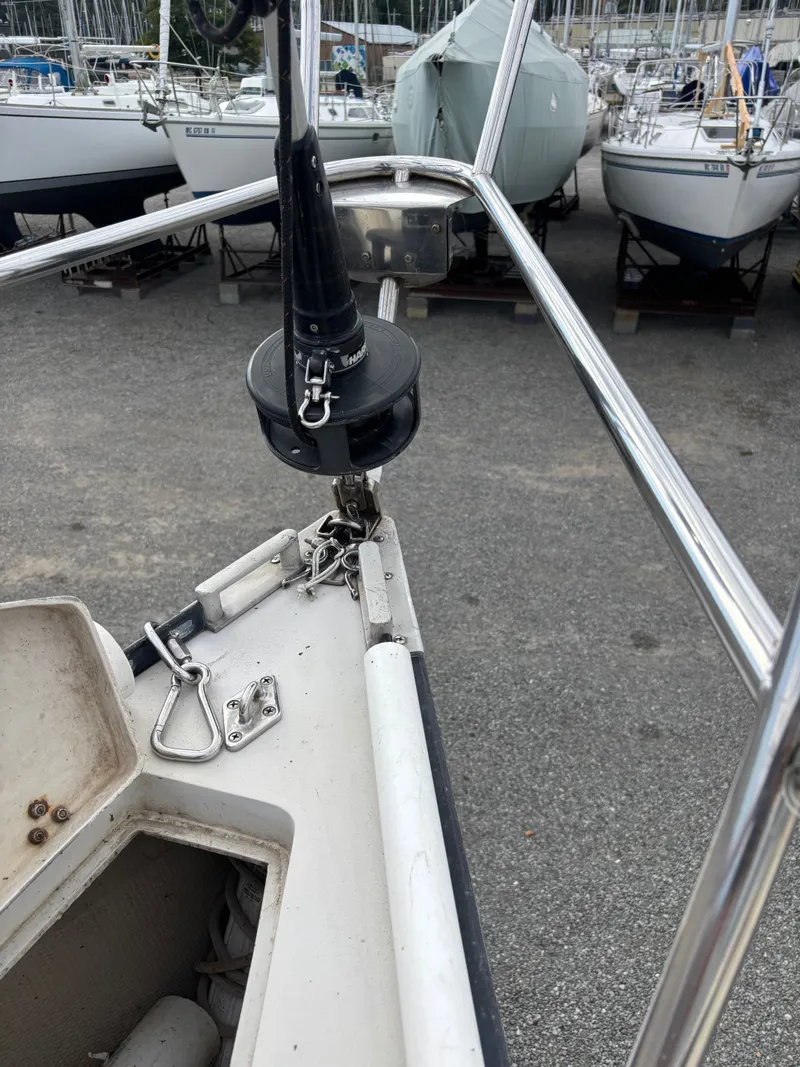 Slide: The Image of Bow of a 1987 Goman Express 35 sailboat with rigging details. - 26