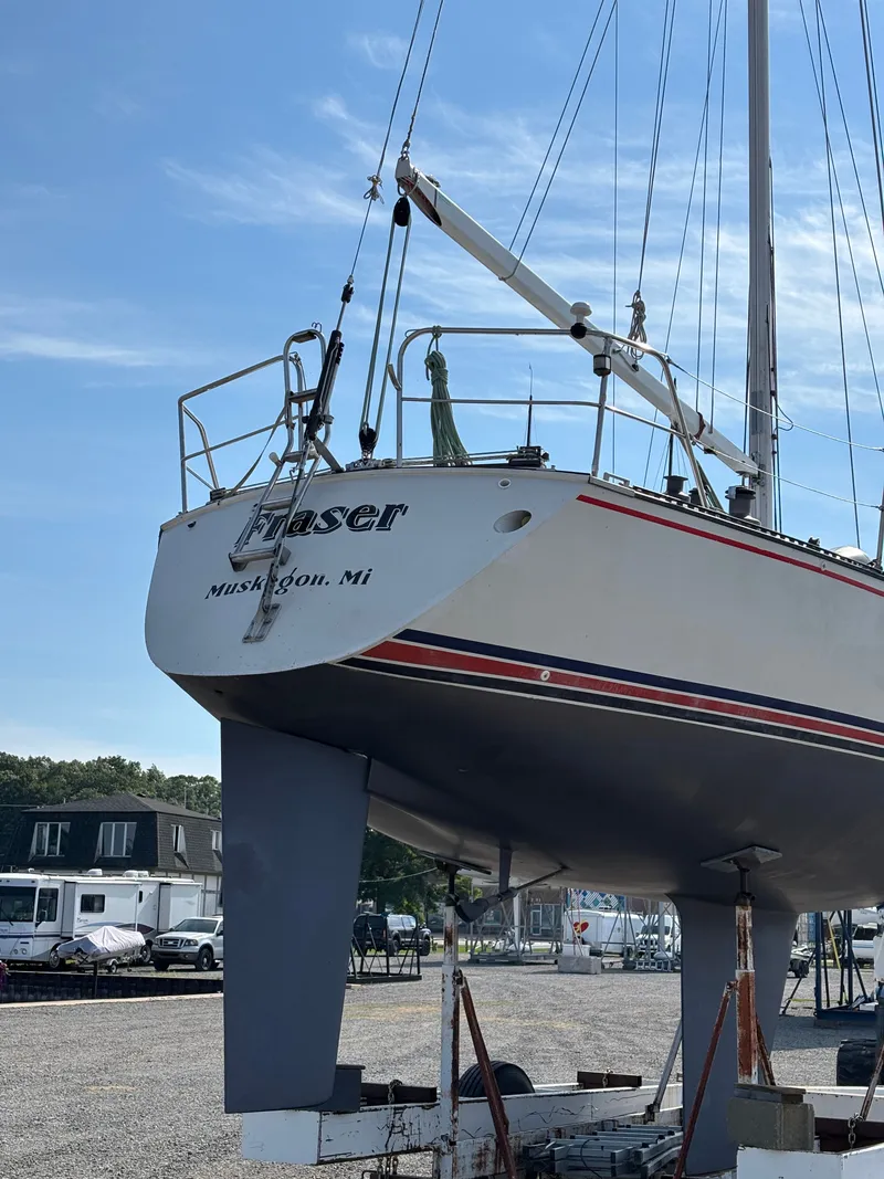 Slide: The Image of 1987 Goman Express 35 sailboat on dry dock, Muskegon, Michigan. - 6