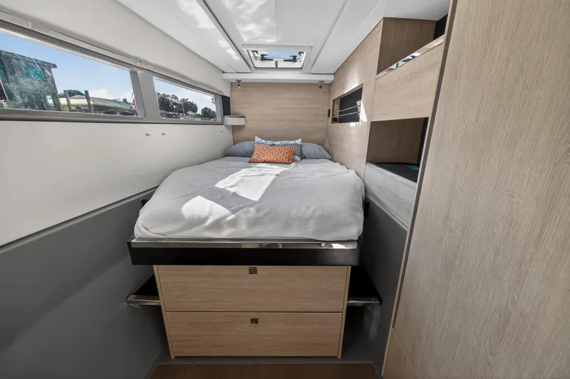 Slide: The Image of Luxurious cabin interior of 2019 Leopard 45 yacht with cozy bed and modern design. - 105