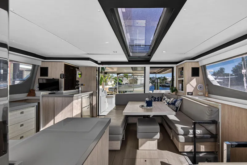 Slide: The Image of Luxurious interior of 2019 Leopard 45 catamaran with modern design and spacious seating area. - 16