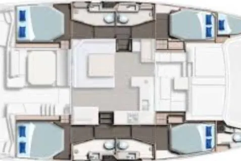 Slide: The Image of Floor plan of a 2019 Leopard 45 catamaran, featuring spacious cabins and living areas. - 2