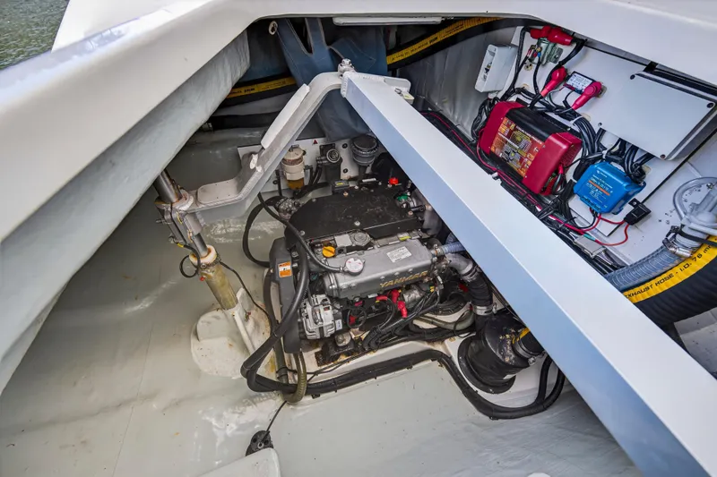 Slide: The Image of Engine compartment of a 2019 Leopard 45 catamaran, showcasing mechanical and electrical components. - 46