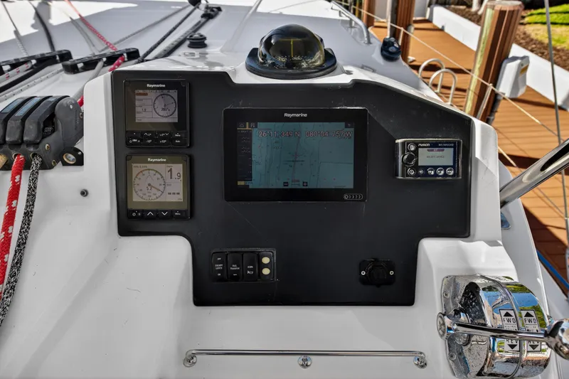 Slide: The Image of Control panel of a 2019 Leopard 45 catamaran with navigation instruments. - 48