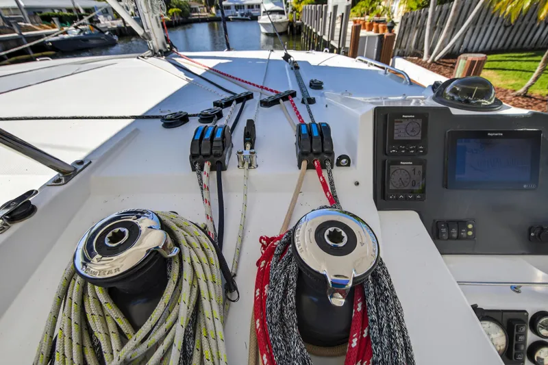 Slide: The Image of Leopard 45 yacht deck with winches and navigation instruments, 2019 model. - 51