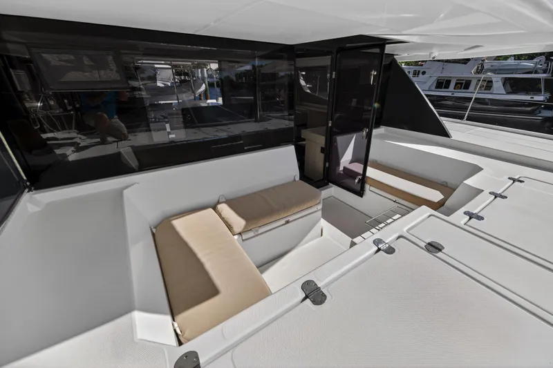Slide: The Image of Leopard 45 yacht interior, 2019 model, featuring sleek seating and modern design. - 61