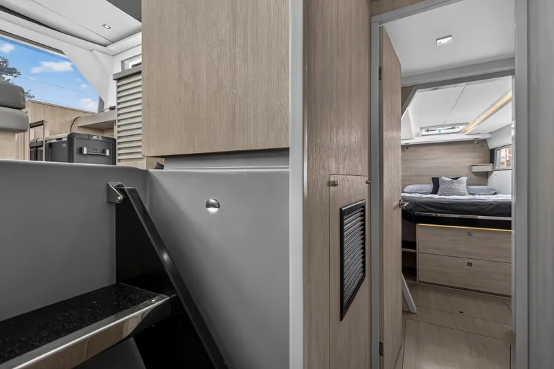 Slide: The Image of Interior of 2019 Leopard 45 yacht featuring modern cabin and sleek design elements. - 94