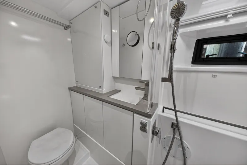 Slide: The Image of Modern bathroom in 2019 Leopard 45 yacht, featuring sleek fixtures and compact design. - 96