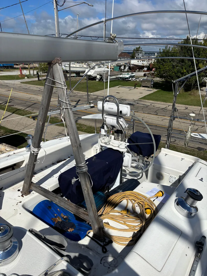 Slide: The Image of Deck of a 2000 Catalina 380 sailboat with equipment and coiled rope. - 22