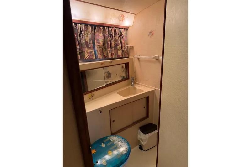 Slide: The Image of 1984 Bertram 46 Convertible bathroom with sink, mirror, and colorful fish-themed decor. - 12