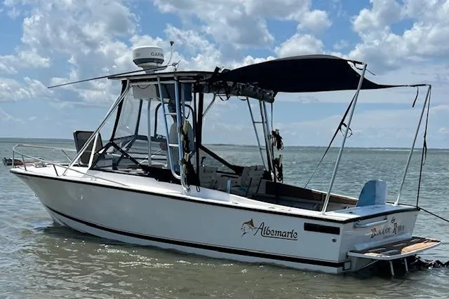 The Image of 1994 Albemarle Sportfish boat anchored in shallow water under a cloudy sky. - 0