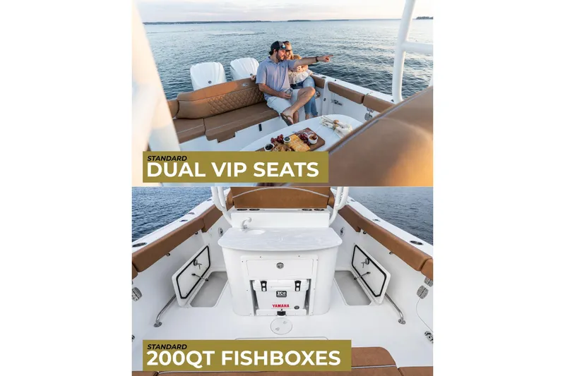 Slide: The Image of Man walking on dock beside 2026 Sea Hunt Ultra 285 SE boat, surrounded by trees. - 5