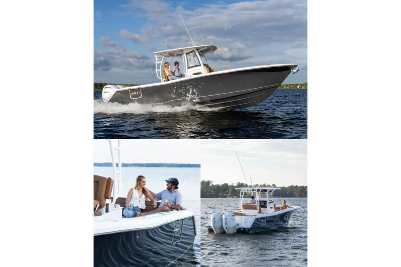 Slide: The Image of 2026 Sea Hunt Ultra 285 SE boat cruising on a scenic lake under a cloudy sky. - 6