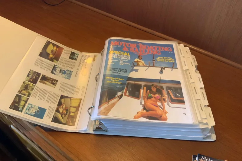 Slide: The Image of Binder with boating magazine and articles on Cheoy Lee 40 LRC, 1976 model. - 34