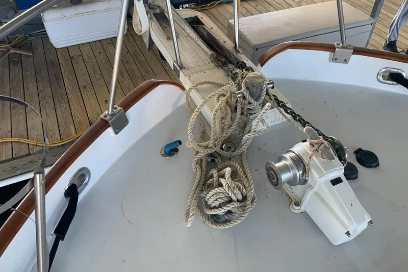 Slide: The Image of Deck of 1976 Cheoy Lee 40 LRC with ropes and anchor winch. - 5