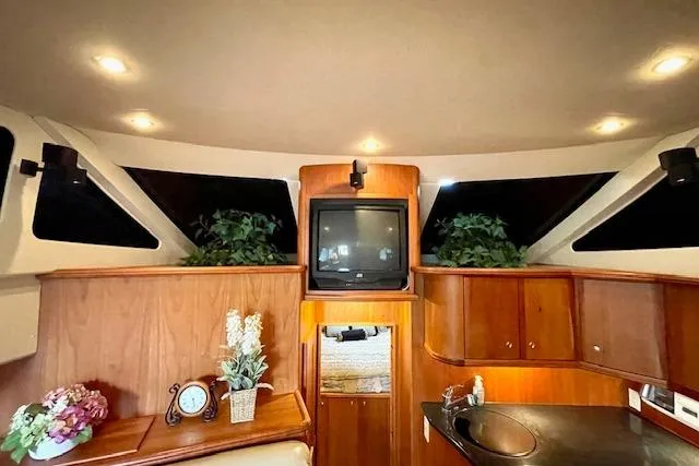 Slide: The Image of Interior of 2002 Silverton 43 Motor Yacht with TV, plants, and wooden cabinetry. - 33