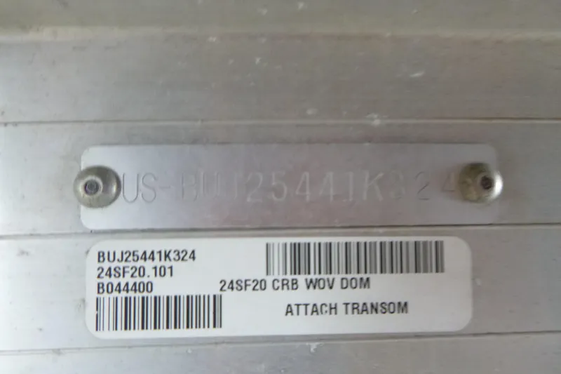 Slide: The Image of 2024 Sun Tracker SportFish 20 DLX hull identification number plate with barcode and serial details. - 16