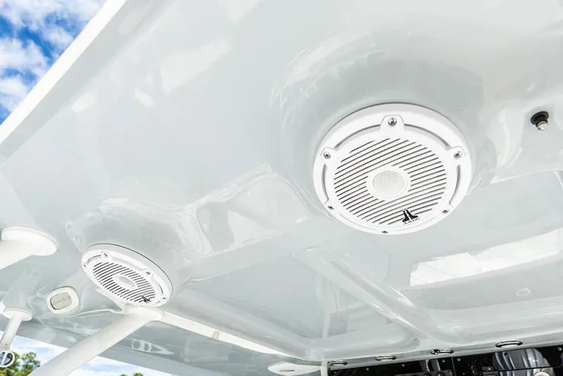 Slide: The Image of 2026 Sea Hunt Gamefish 28 Coffin Box boat speakers on sleek white ceiling. - 14