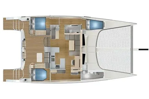 Slide: The Image of 2022 Seawind 1600 catamaran layout with spacious cabins, modern kitchen, and open deck design. - 3