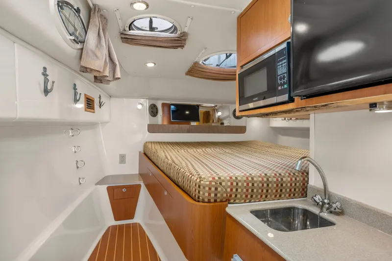 Slide: The Image of 2017 World Cat 320 EC cabin interior with bed, sink, and microwave. - 27