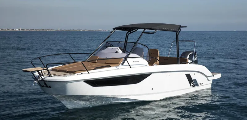 Slide: The Image of 2024 Beneteau Flyer 8 SUNdeck boat on trailer, parked outdoors. - 1