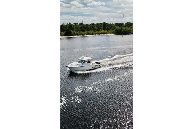 Slide: The Image of 2015 Boston Whaler 315 Conquest cruising on a serene river under a cloudy sky. - 33