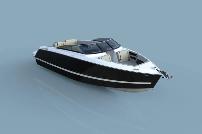 Slide: The Image of 2026 Four Winns H6 OB boat with sleek black and white design on calm water. - 2
