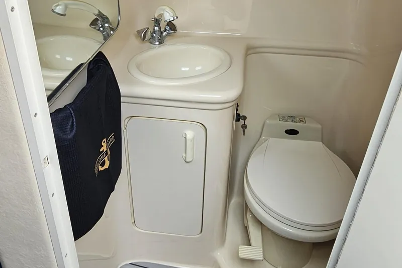 Slide: The Image of 1999 Sea Ray 260 Sundancer bathroom with sink, toilet, and mirror. - 8